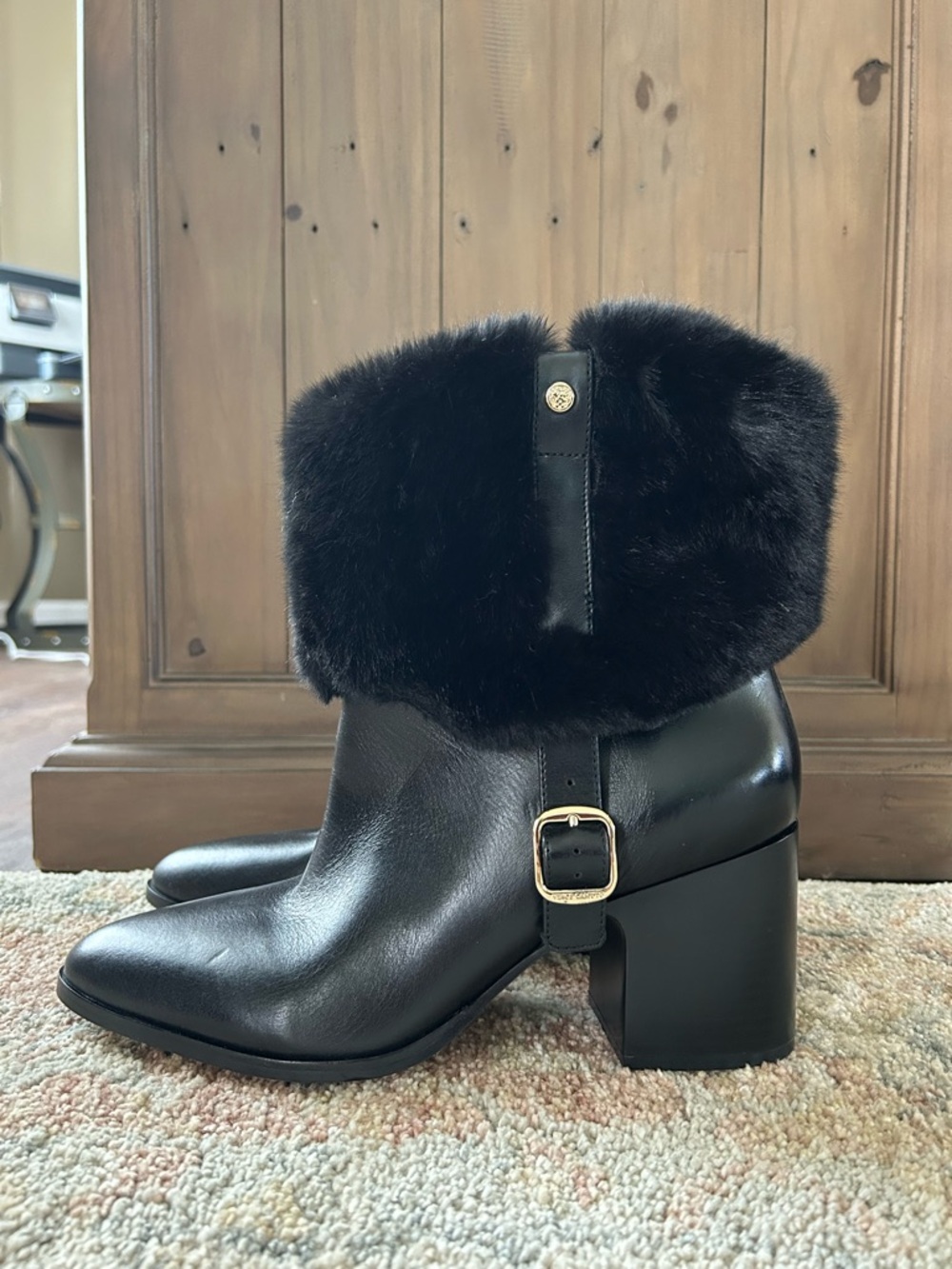 Vince Camuto Black Faux-Fur Cuff Block Heel Ankle Boots